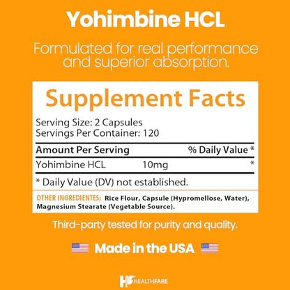 Healthfare Yohimbin HCL 10 mg | 240 vegane Kapseln | Höchste Konzentration | Nicht-GMO & glutenfrei | Hergestellt in den USA