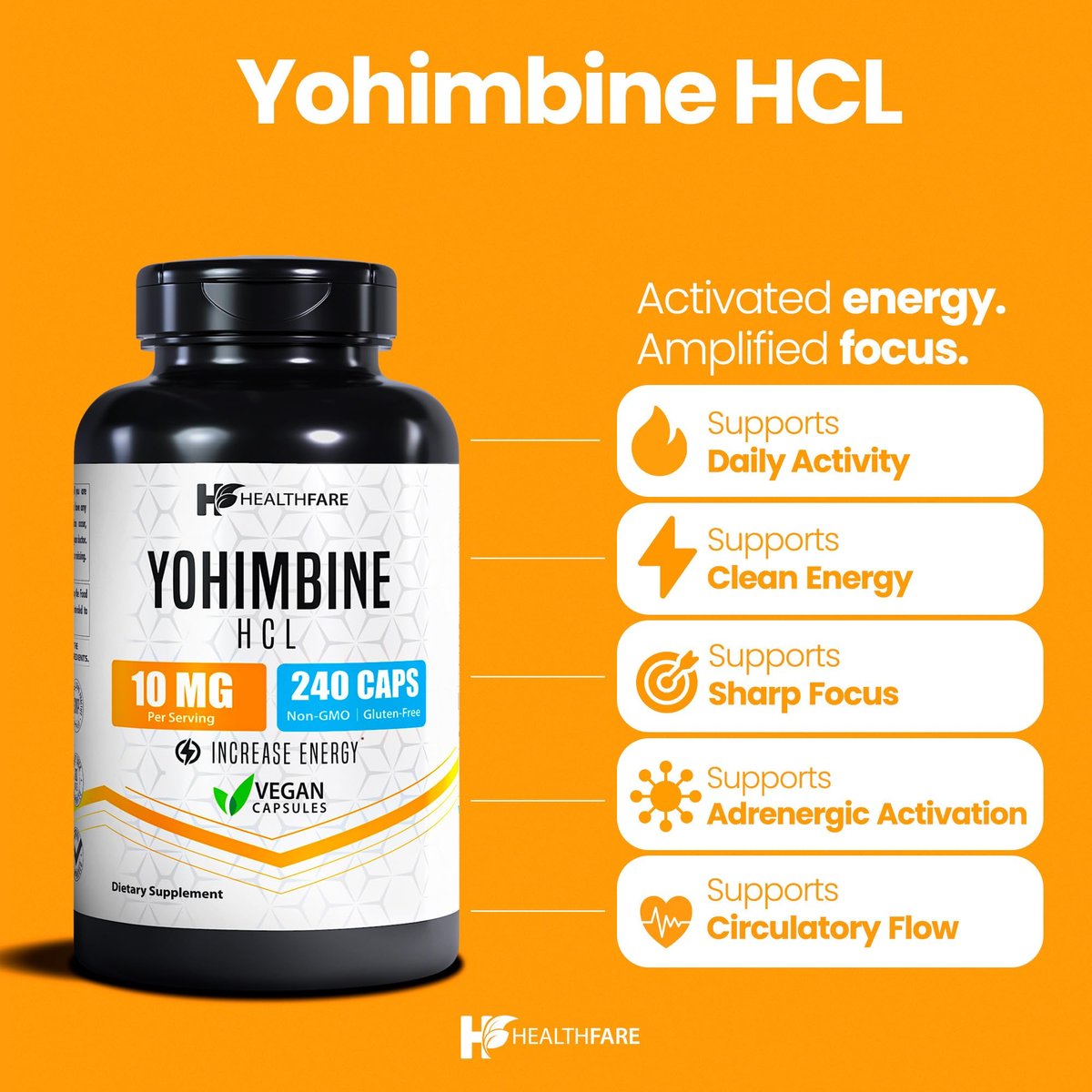 Healthfare Yohimbin HCL 10 mg | 240 vegane Kapseln | Höchste Konzentration | Nicht-GMO & glutenfrei | Hergestellt in den USA