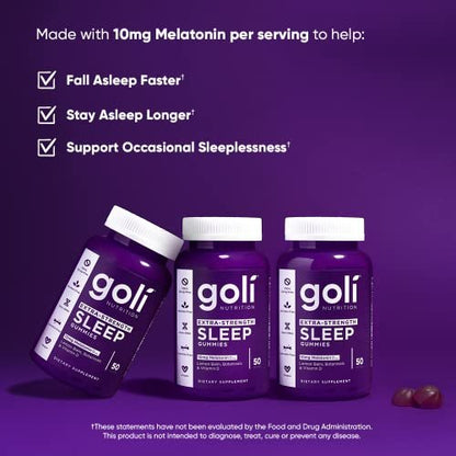 Goli Nahrungsergänzungsmittel, Extra Stark Schlaf Gummibärchen 10 mg Melatonin – 1 Packung 50 Stück – Glutenfrei, Vegan, Nicht-GVO und Gelatinefrei