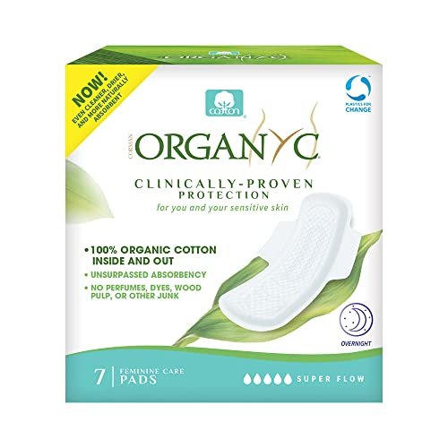 Organyc Übernacht-Binden – 100 % zertifizierte Bio-Baumwolle, innen und außen, für die stärkste Periode, super saugfähig 2.0, 7 Stück
