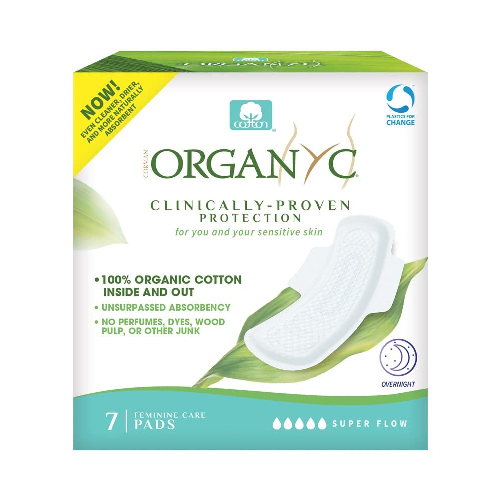 Organyc Übernacht-Binden – 100 % zertifizierte Bio-Baumwolle, innen und außen, für die stärkste Periode, super saugfähig 2.0, 7 Stück