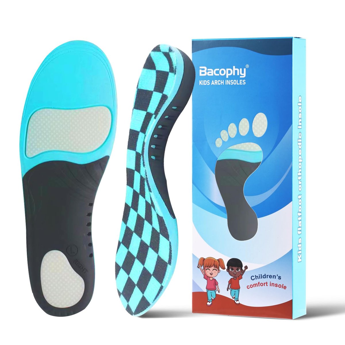 Bacophy Kinder Einlegesohlen mit Fußgewölbestütze – Orthopädische Einlagen für Plantarfasziitis, Senkfüße, Fersenschmerzen – Hochwertiges PU, TPU, Gel-Stoßdämpfung, tiefe Fersenkappe (23,5 cm)