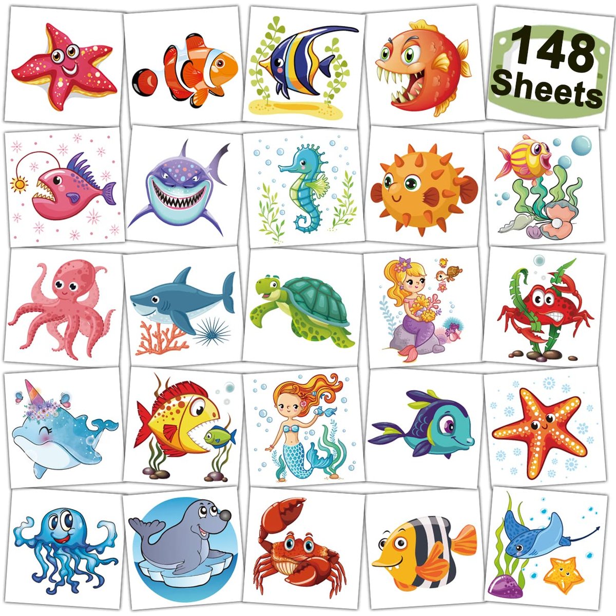CHARLENT 148 Teile Ozean Tiere Temporäre Tattoos für Kinder - Meerestier Einzeltattoos für Jungen Mädchen Ozean Geburtstagsparty Geschenke Goodie Bag Füller