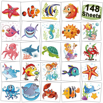 CHARLENT 148 Teile Ozean Tiere Temporäre Tattoos für Kinder - Meerestier Einzeltattoos für Jungen Mädchen Ozean Geburtstagsparty Geschenke Goodie Bag Füller
