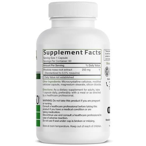 Bronson Rhodiola Rosea Kapseln - Adaptogenes Kraut für Gehirn, Stress & Stimmung - Nicht-GVO, 60 Stück