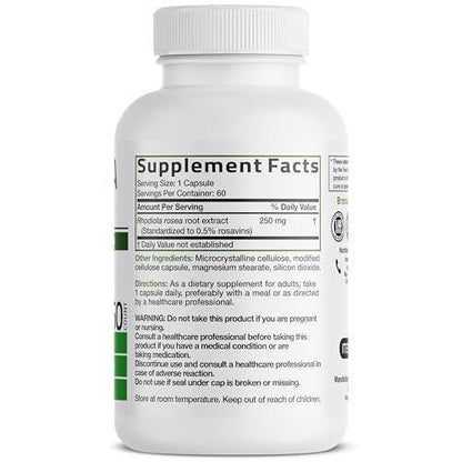 Bronson Rhodiola Rosea Kapseln - Adaptogenes Kraut für Gehirn, Stress & Stimmung - Nicht-GVO, 60 Stück