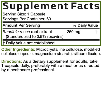 Bronson Rhodiola Rosea Kapseln - Adaptogenes Kraut für Gehirn, Stress & Stimmung - Nicht-GVO, 60 Stück