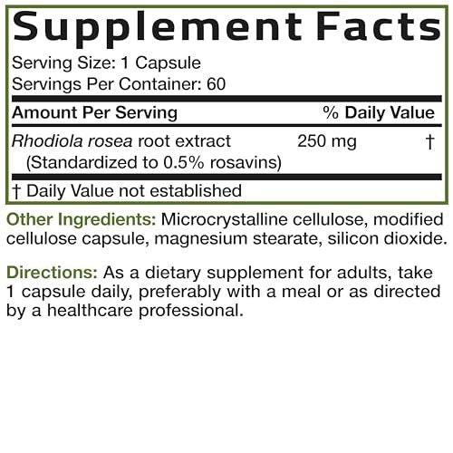 Bronson Rhodiola Rosea Kapseln - Adaptogenes Kraut für Gehirn, Stress & Stimmung - Nicht-GVO, 60 Stück