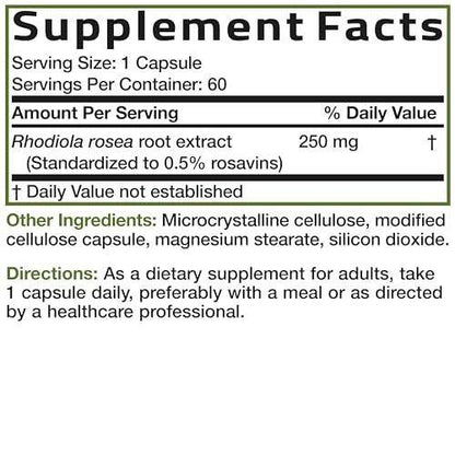 Bronson Rhodiola Rosea Kapseln - Adaptogenes Kraut für Gehirn, Stress & Stimmung - Nicht-GVO, 60 Stück