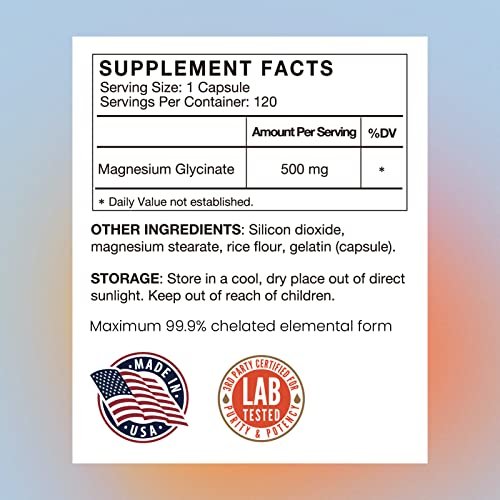 Magnesium Glycinat 500mg Kapseln – Hoch absorbierbare, sanfte Form – Hochreines Magnesium-Mineralpräparat für Frauen und Männer – 120 Kapseln, hergestellt in den USA (1 Packung)
