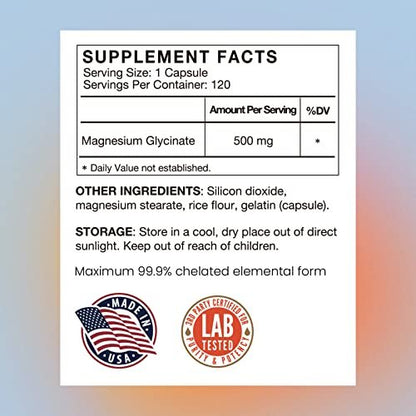 Magnesium Glycinat 500mg Kapseln – Hoch absorbierbare, sanfte Form – Hochreines Magnesium-Mineralpräparat für Frauen und Männer – 120 Kapseln, hergestellt in den USA (1 Packung)