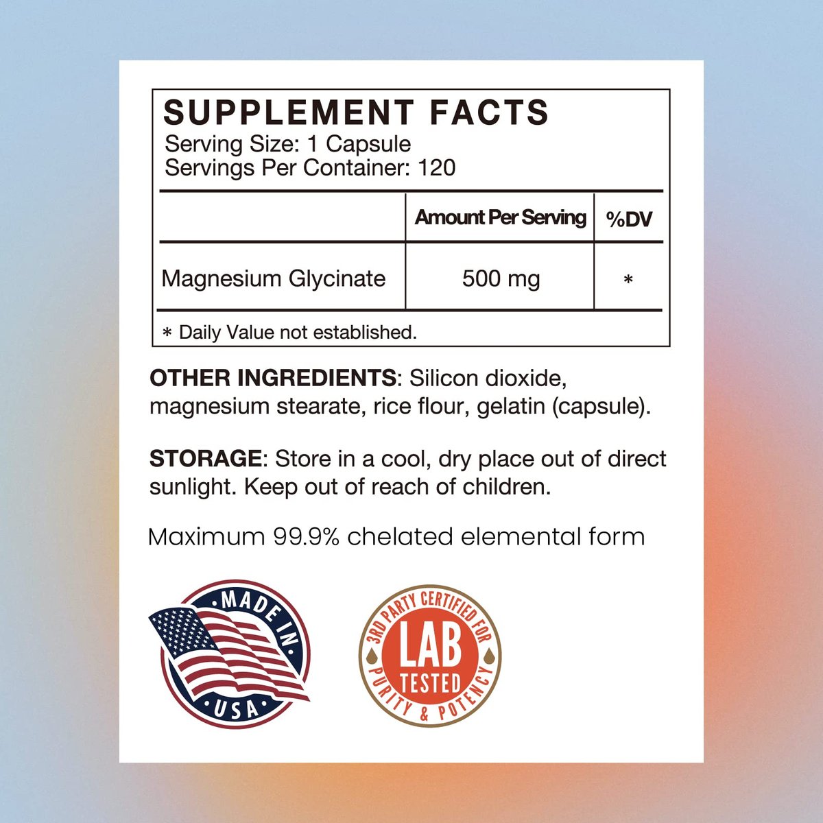 Magnesium Glycinat 500mg Kapseln – Hoch absorbierbare, sanfte Form – Hochreines Magnesium-Mineralpräparat für Frauen und Männer – 120 Kapseln, hergestellt in den USA (1 Packung)