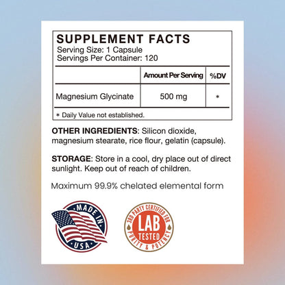 Magnesium Glycinat 500mg Kapseln – Hoch absorbierbare, sanfte Form – Hochreines Magnesium-Mineralpräparat für Frauen und Männer – 120 Kapseln, hergestellt in den USA (1 Packung)