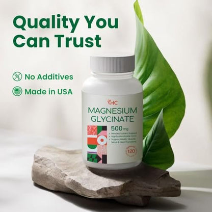Magnesium Glycinat 500mg Kapseln – Hoch absorbierbare, sanfte Form – Hochreines Magnesium-Mineralpräparat für Frauen und Männer – 120 Kapseln, hergestellt in den USA (1 Packung)