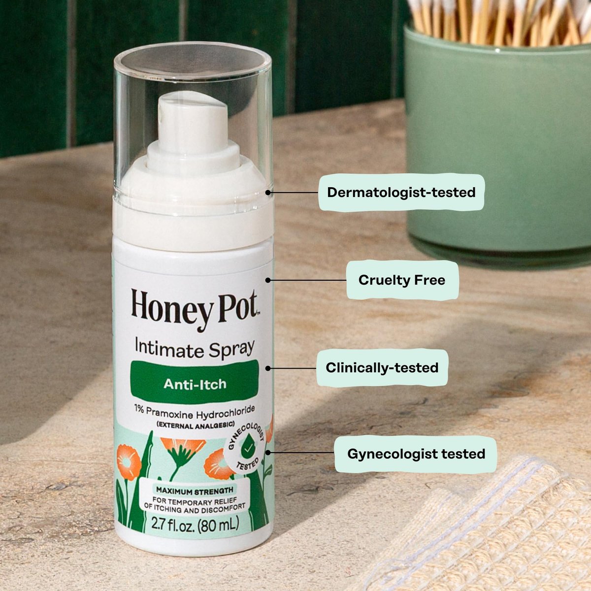 The Honey Pot Company – Maximalstarkes Anti-Juckreiz-Spray für die Intimzone – Medizinisches Spray zur Linderung von Juckreiz und Reizungen – 80 ml