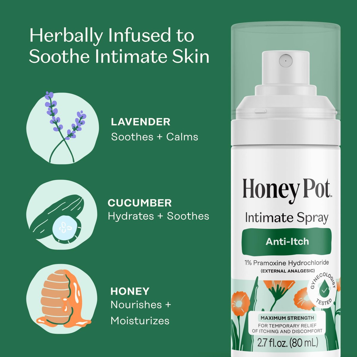 The Honey Pot Company – Maximalstarkes Anti-Juckreiz-Spray für die Intimzone – Medizinisches Spray zur Linderung von Juckreiz und Reizungen – 80 ml