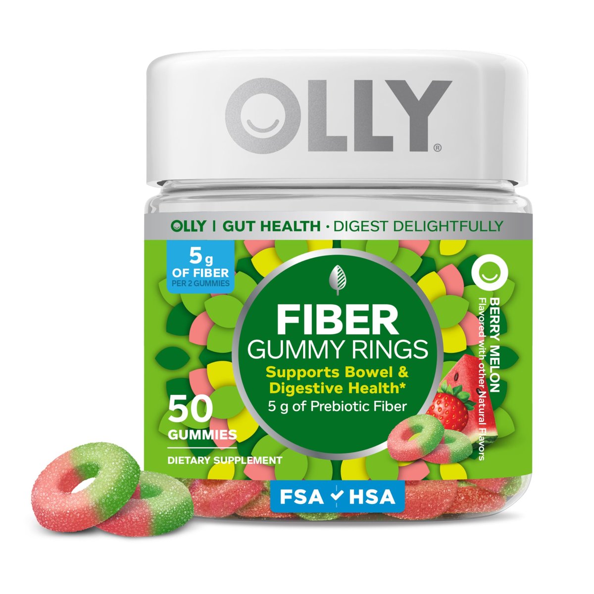 OLLY Fiber Gummy Rings – Präbiotische Ballaststoffe, Erdbeer-Wassermelone, 50 Stück