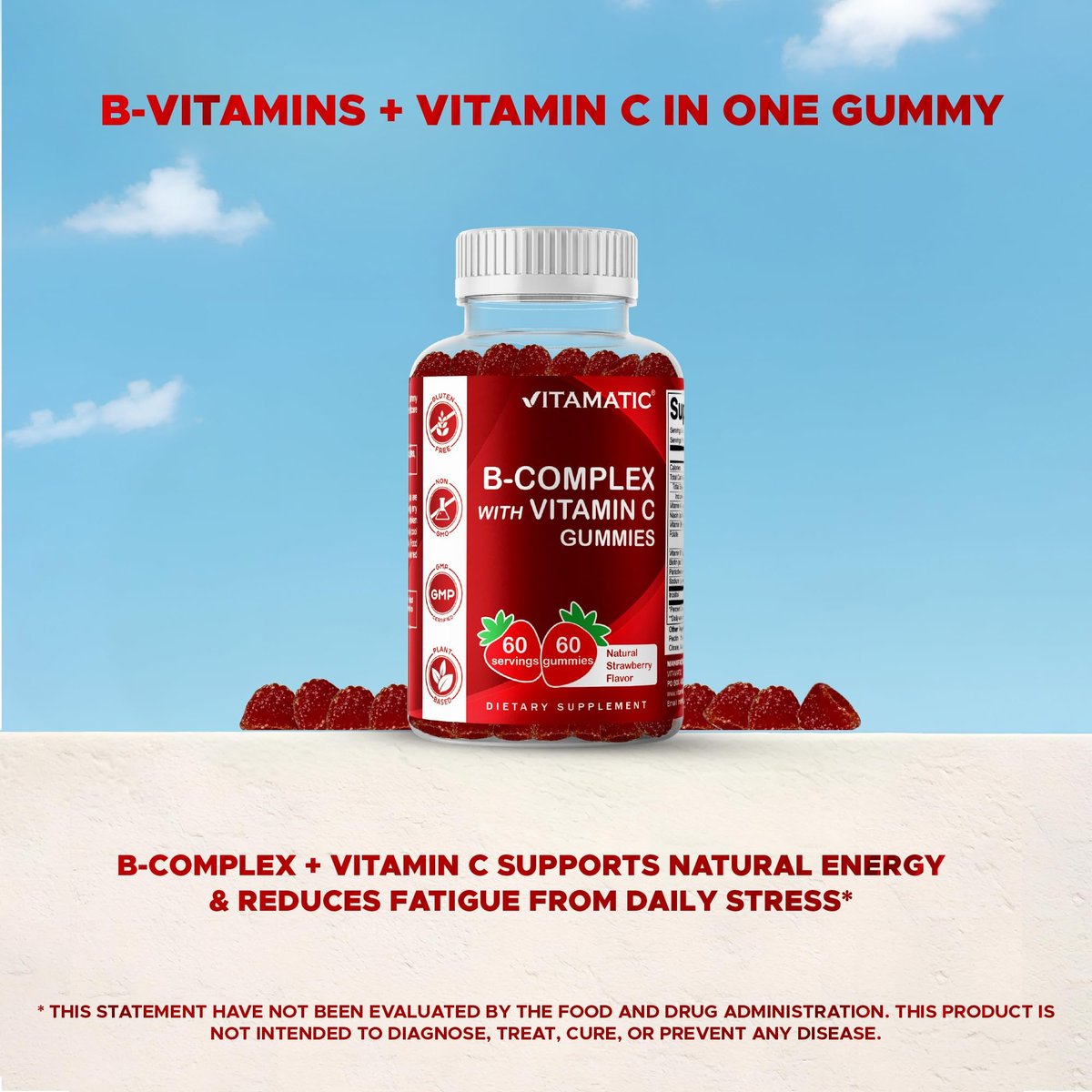 Vitamatic Vitamin B-Komplex Gummis mit Vitamin C & Inositol - Natürlicher Erdbeergeschmack - 60 Gummis
