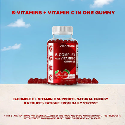 Vitamatic Vitamin B-Komplex Gummis mit Vitamin C & Inositol - Natürlicher Erdbeergeschmack - 60 Gummis