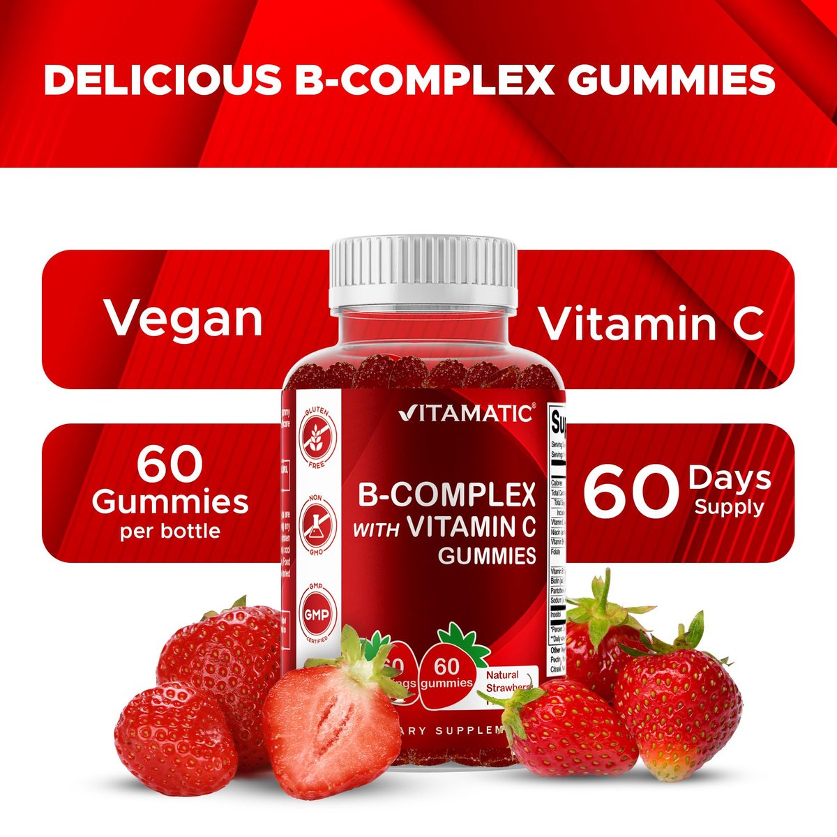 Vitamatic Vitamin B-Komplex Gummis mit Vitamin C & Inositol - Natürlicher Erdbeergeschmack - 60 Gummis