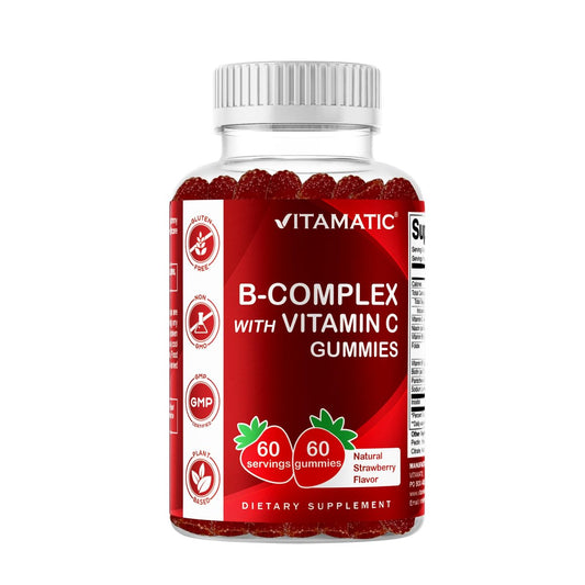 Vitamatic Vitamin B-Komplex Gummis mit Vitamin C & Inositol - Natürlicher Erdbeergeschmack - 60 Gummis