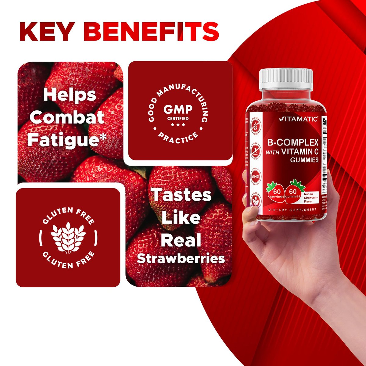 Vitamatic Vitamin B-Komplex Gummis mit Vitamin C & Inositol - Natürlicher Erdbeergeschmack - 60 Gummis