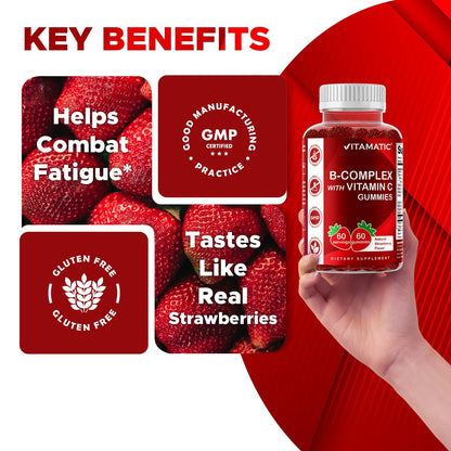 Vitamatic Vitamin B-Komplex Gummis mit Vitamin C & Inositol - Natürlicher Erdbeergeschmack - 60 Gummis
