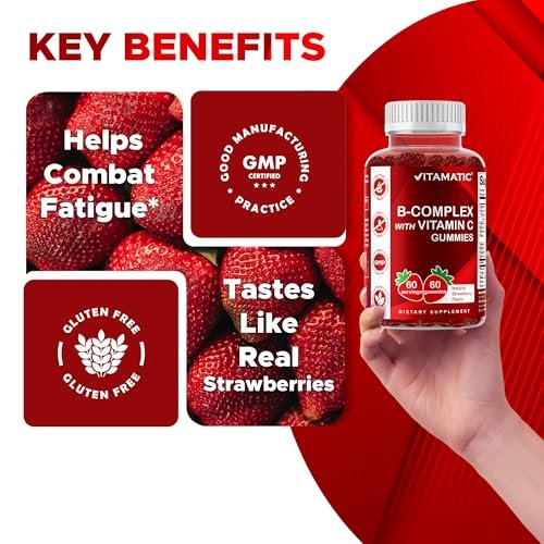 Vitamatic Vitamin B-Komplex Gummis mit Vitamin C & Inositol - Natürlicher Erdbeergeschmack - 60 Gummis