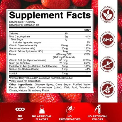 Vitamatic Vitamin B-Komplex Gummis mit Vitamin C & Inositol - Natürlicher Erdbeergeschmack - 60 Gummis