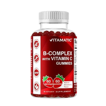 Vitamatic Vitamin B-Komplex Gummis mit Vitamin C & Inositol - Natürlicher Erdbeergeschmack - 60 Gummis