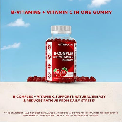Vitamatic Vitamin B-Komplex Gummis mit Vitamin C & Inositol - Natürlicher Erdbeergeschmack - 60 Gummis