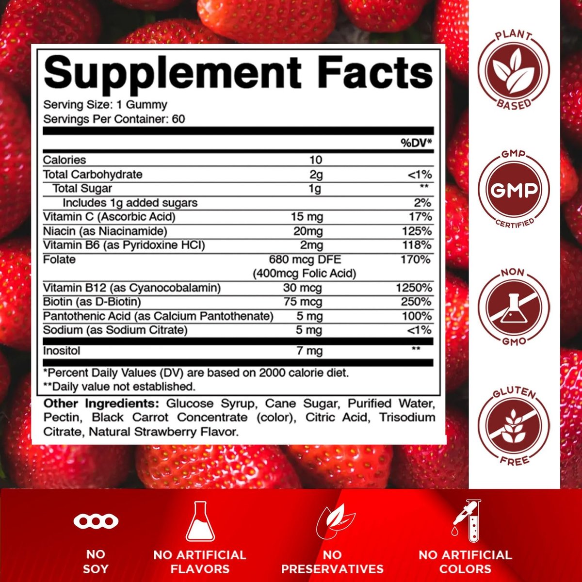 Vitamatic Vitamin B-Komplex Gummis mit Vitamin C & Inositol - Natürlicher Erdbeergeschmack - 60 Gummis