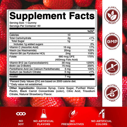 Vitamatic Vitamin B-Komplex Gummis mit Vitamin C & Inositol - Natürlicher Erdbeergeschmack - 60 Gummis