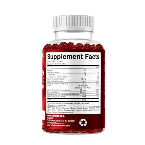 Vitamatic Vitamin B-Komplex Gummis mit Vitamin C & Inositol - Natürlicher Erdbeergeschmack - 60 Gummis