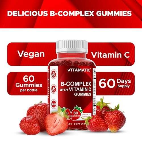 Vitamatic Vitamin B-Komplex Gummis mit Vitamin C & Inositol - Natürlicher Erdbeergeschmack - 60 Gummis