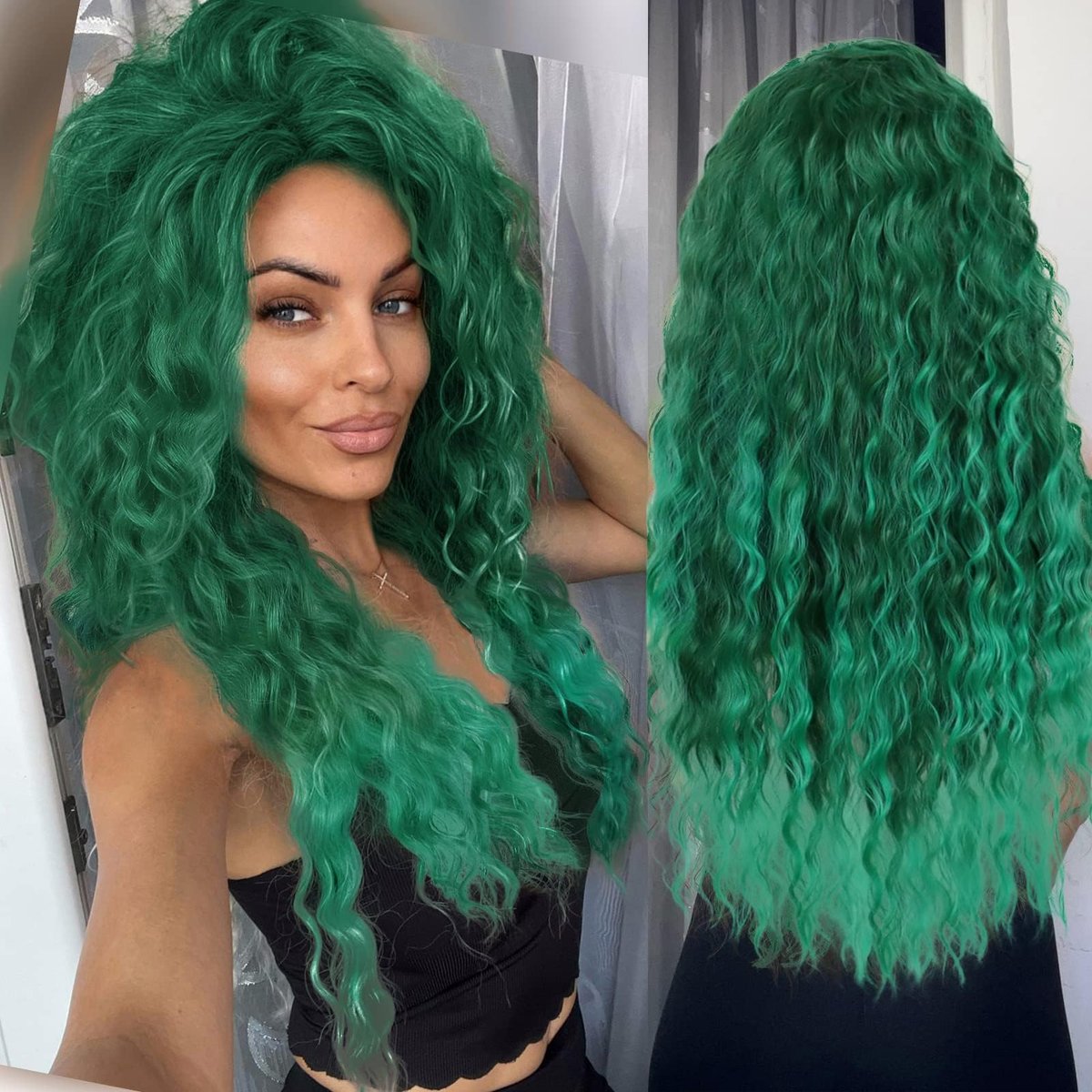 GNIMEGIL 26 Zoll langer lockiger welliger grüner Wig – Natürlicher Ombre-Synthetik-Haarersatz für Meerjungfrauen-Cosplay, St. Patrick's Day, Halloween und Festivals