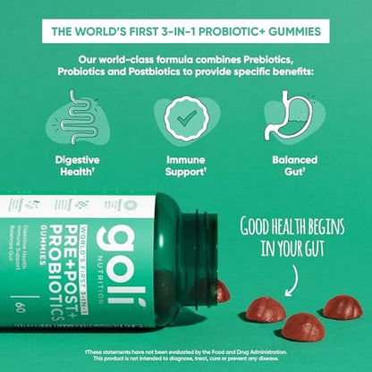 Goli Pre Pro Postbiotische Gummis – Weltweit erste 3-in-1-Formel mit DE111 Probiotika, XOS Präbiotika, MCC1849 Postbiotika – Vegan, Non-GMO, Glutenfrei