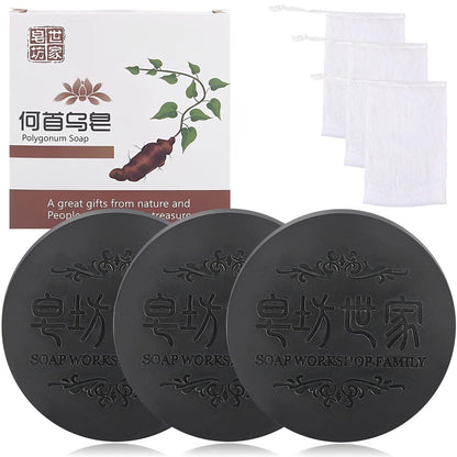 Black & Thick Fallopia Multiflora Shampoo Bar Set – Polygonum Seife mit Schaumnetz – He Shou Wu Extrakt – Tiefenreinigung & Feuchtigkeitspflege für Haar und Kopfhaut (3 Stück)