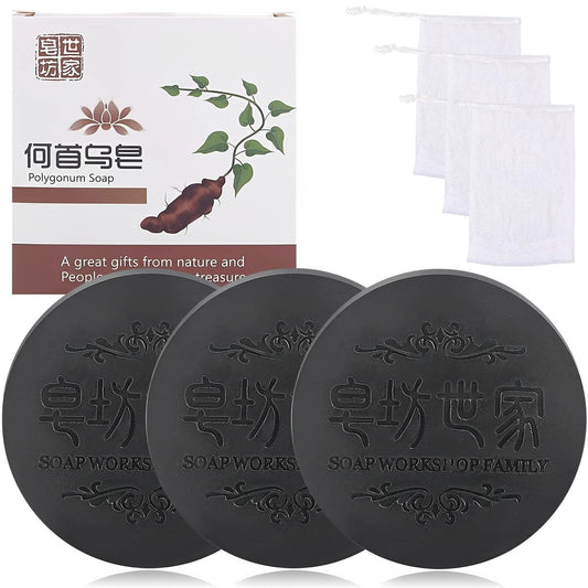 Black & Thick Fallopia Multiflora Shampoo Bar Set – Polygonum Seife mit Schaumnetz – He Shou Wu Extrakt – Tiefenreinigung & Feuchtigkeitspflege für Haar und Kopfhaut (3 Stück)