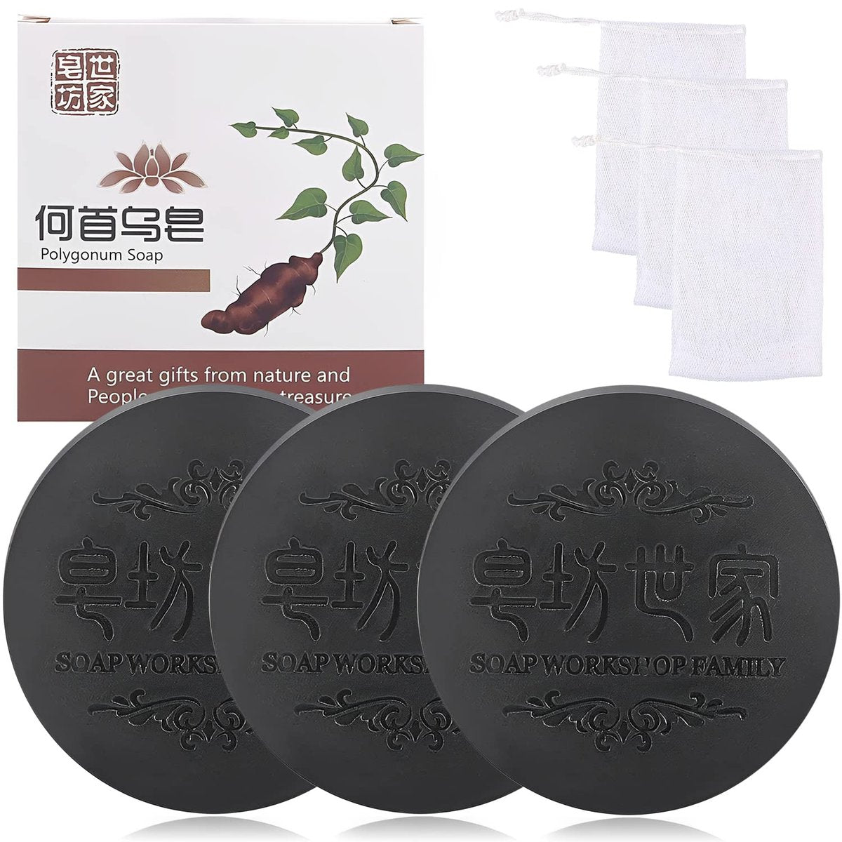 Black & Thick Fallopia Multiflora Shampoo Bar Set – Polygonum Seife mit Schaumnetz – He Shou Wu Extrakt – Tiefenreinigung & Feuchtigkeitspflege für Haar und Kopfhaut (3 Stück)
