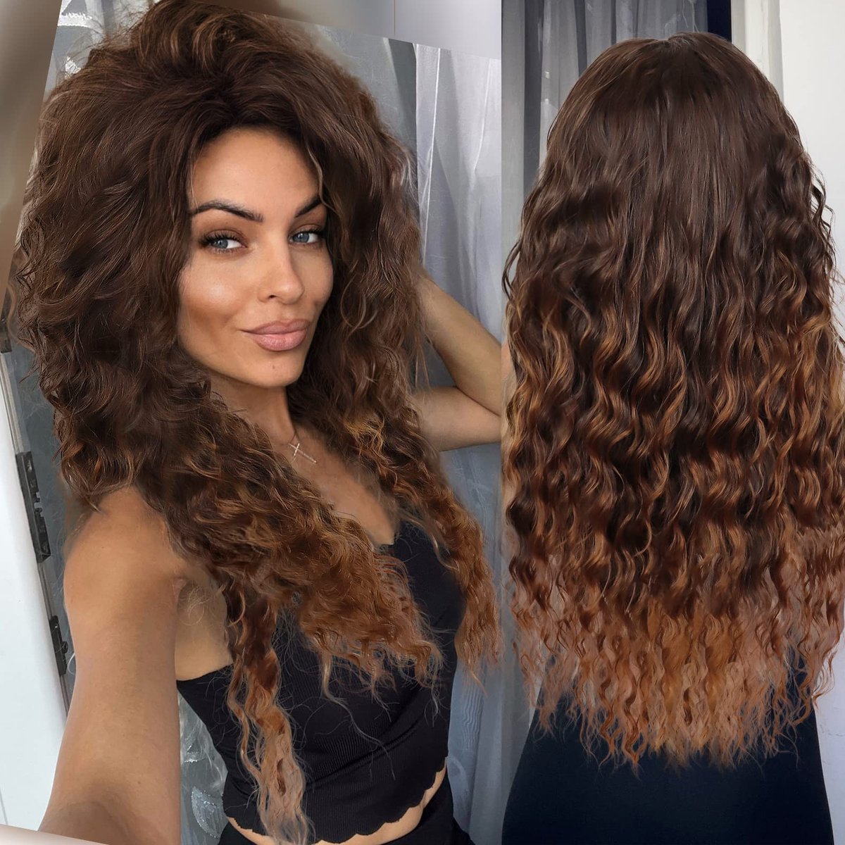 GNIMEGIL Naturbraune Perücke Lange Lockige Wellige Perücke für Frauen Loose Wave Geschichtetes Haar Hitzebeständige Synthetikperücke Halloween Perücke für den Alltag Karneval Party