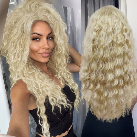 GNIMEGIL Lange Blonde Lockige Perücke, Wellige Flauschige Perücke, Weiches Natürlich Aussehendes Synthetikhaar, Dicke Body Wave Perücke für den Alltag, Party, Cosplay, Halloween (Hellstes Blond)