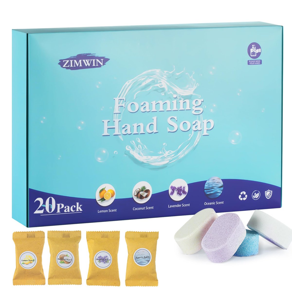 Zimwin 20er-Pack Schaumhandseife Tabletten Nachfüllpackungen, 4 Düfte, 12g große Tabletten, ergibt insgesamt 7,1 Liter Seife, umweltfreundliche Handwaschtabletten mit Zitrone, Kokosnuss, Ozean und Lavendelduft