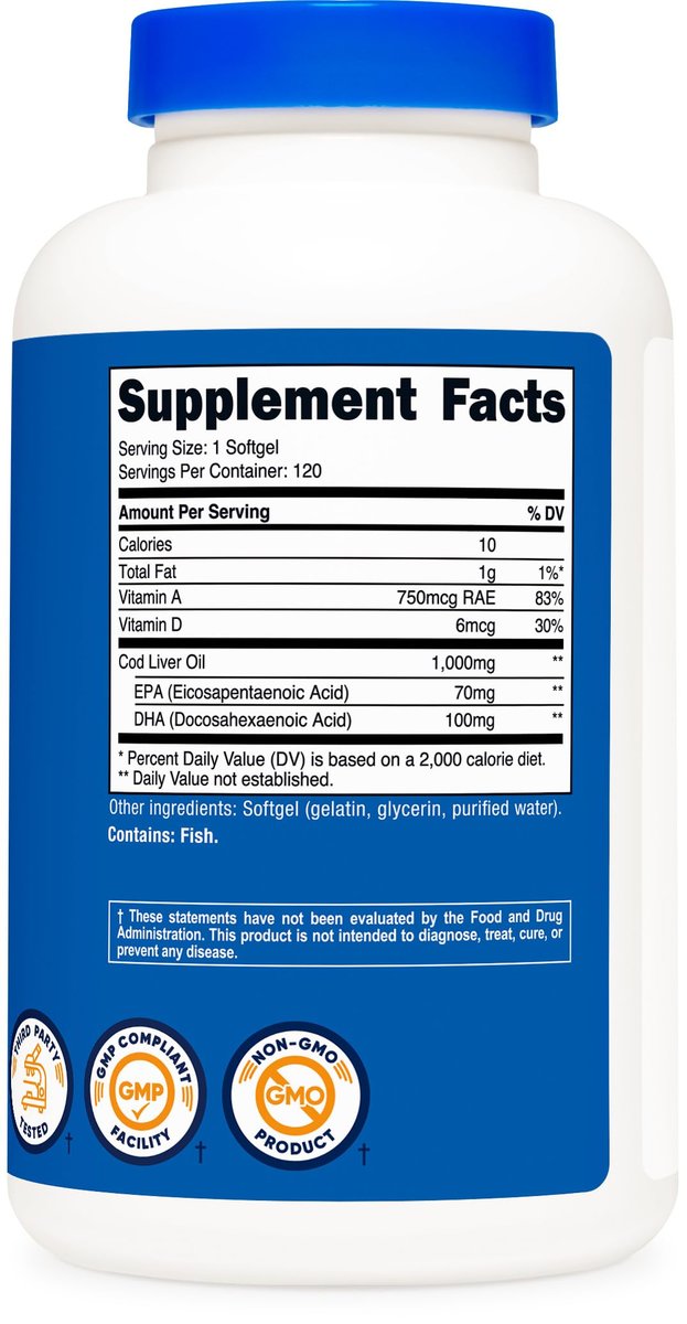 Nutricost Lebertran 1000mg, 120 Weichkapseln – Non-GMO & Glutenfrei