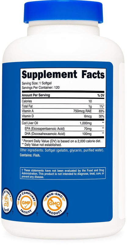 Nutricost Lebertran 1000mg, 120 Weichkapseln – Non-GMO & Glutenfrei