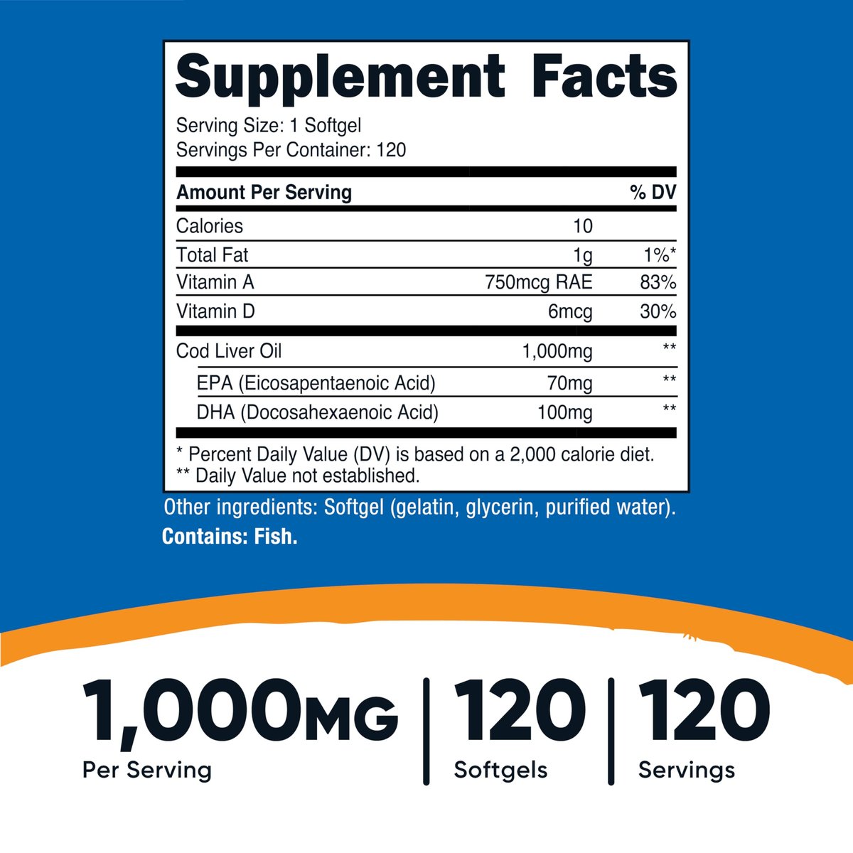 Nutricost Lebertran 1000mg, 120 Weichkapseln – Non-GMO & Glutenfrei