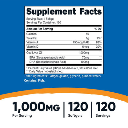 Nutricost Lebertran 1000mg, 120 Weichkapseln – Non-GMO & Glutenfrei