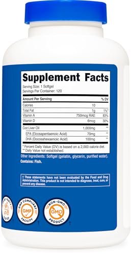 Nutricost Lebertran 1000mg, 120 Weichkapseln – Non-GMO & Glutenfrei