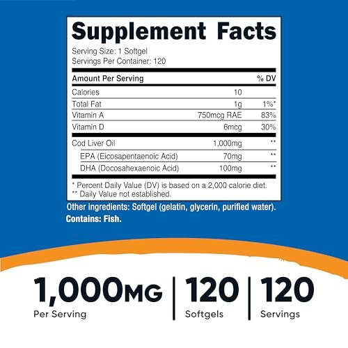 Nutricost Lebertran 1000mg, 120 Weichkapseln – Non-GMO & Glutenfrei