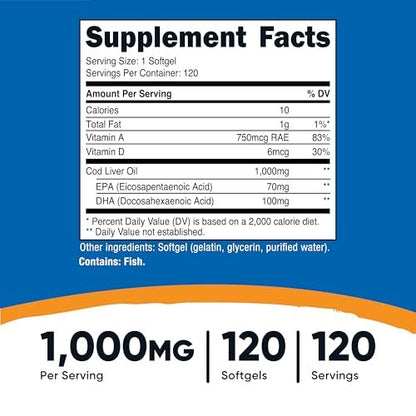 Nutricost Lebertran 1000mg, 120 Weichkapseln – Non-GMO & Glutenfrei
